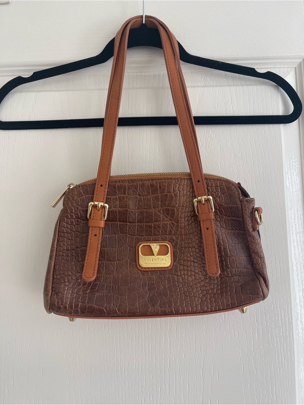 Valentino Brown Croc-Embossed Shoulder Bag with Gold Hardware
